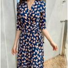 Elbow-sleeve Heart Print Midi Dress