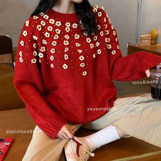 Flower Crewneck Loose-fit Long-sleeve Knit Sweater