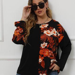Plus Size Long-sleeve Floral Panel T-shirt