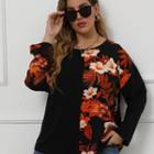 Plus Size Long-sleeve Floral Panel T-shirt
