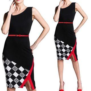 Printed Panel Sleeveless Side Slit Midi Sheath Dress