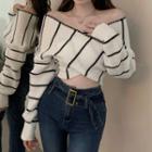 Off-shoulder Striped Cropped Sweater / Bootcut Jeans