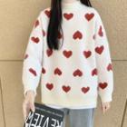 Heart Print Mock-neck Sweater Red Hearts - White - One Size