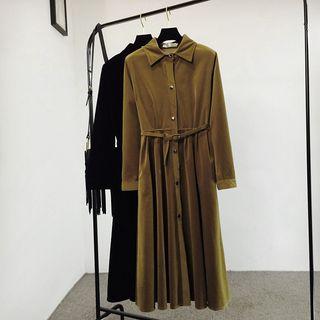 Corduroy Long-sleeve Midi Shirt Dress