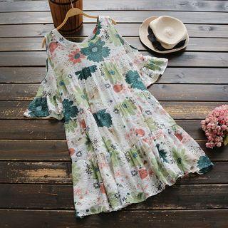 Flower Print Cold Shoulder Short-sleeve Dress