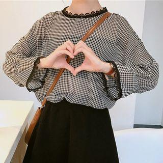 Lace Trim Gingham Long-sleeve Top