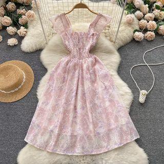 Wide Strap Printed Smocked Midi A-line Dress