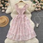 Wide Strap Printed Smocked Midi A-line Dress