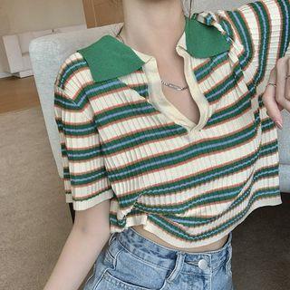 Short-sleeve Collar Striped T-shirt Stripe - Green - One Size
