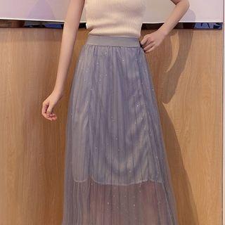 Sequined Mesh Panel Midi A-line Skirt