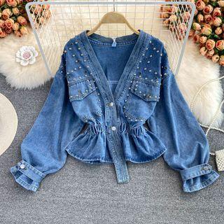 V-neck Stud Denim Jacket Blue - One Size