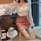 Long-sleeve Blouse / Faux Leather Mini Fitted Skirt