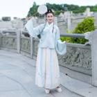 Set: Flower Embroidered Hanfu Blouse + High-waist Maxi A-line Skirt