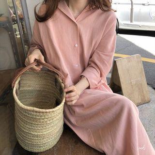 Long-sleeve Open-collar Midi Shirtdress Pink - One Size