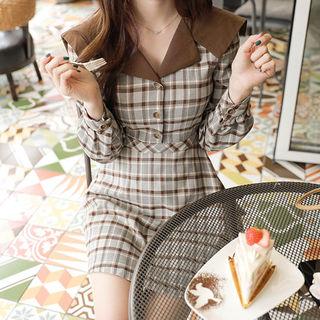 Contrast Sailor-collar Plaid Minidress Gray - One Size