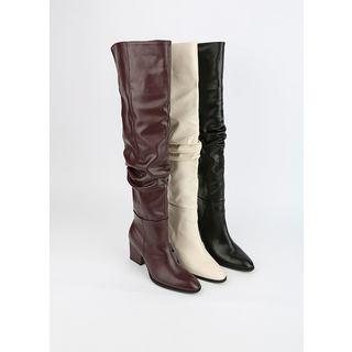 Block-heel Shirred Knee-high Boots