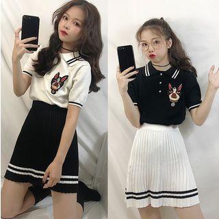 Cartoon Embroidered Short-sleeve Knit Top / High Waist Pleated Skirt