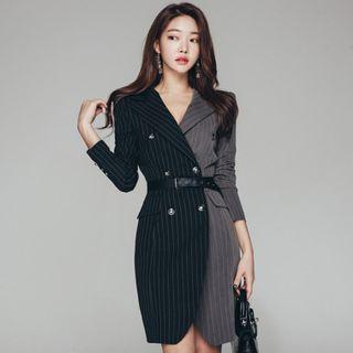 Striped Long-sleeve Collared Sheath Dress