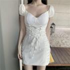 Short-sleeve Shirred Lace-up Mini Sheath Dress