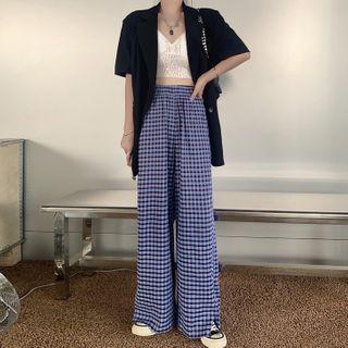Elbow-sleeve Plaid Blazer / Spaghetti Strap Top / Wide-leg Pants