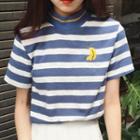 Banana Embroidered Striped Mock Neck Short-sleeve T-shirt