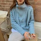Long-sleeve Half-zip Cable Knit Top Blue - One Size