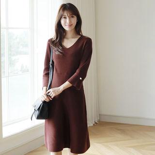 V-neck 3/4-sleeve Wool Blend Knit Dress