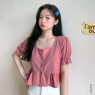 Puff-sleeve Ruffle Trim Square Neck Blouse