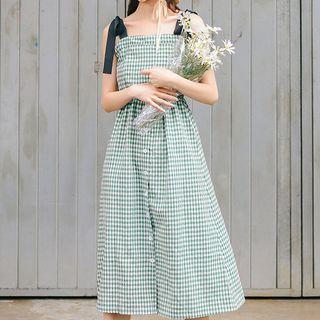 Plaid Strappy Midi A-line Dress Plaid - Green - One Size