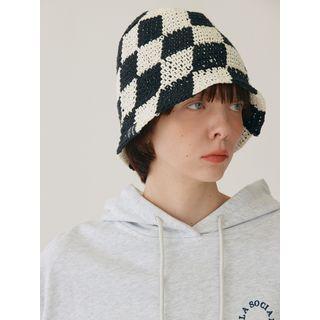 Checkered Crochet Bucket Hat Black - One Size