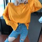 Plain Off-shoulder Long-sleeve Loose-fit T-shirt