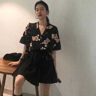 Short-sleeve Bear Print Shirt Black - One Size
