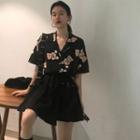 Short-sleeve Bear Print Shirt Black - One Size