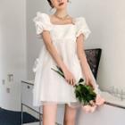 Puff-sleeve Mesh Mini A-line Dress White - One Size