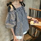 Cut Out Shoulder Plaid 3/4 Sleeve Top