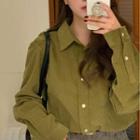 Long Sleeve Corduroy Plain Shirt Olive Green - One Size