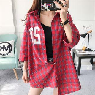 Number Print Plaid 3/4 Sleeve Shirt