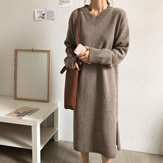 Long-sleeve Midi Slit Knit Dress