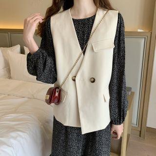 Double-breasted Vest / Flower Print Long-sleeve Midi Shift Dress