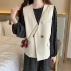 Double-breasted Vest / Flower Print Long-sleeve Midi Shift Dress