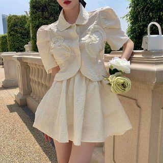 Plain Puff-sleeve Cropped Shirt / High-waist A-line Mini Skirt