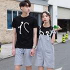Couple Matching Short-sleeve Printed T-shirt / Striped Shorts / Wide-leg Dungaree Shorts
