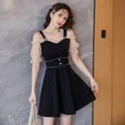 Short-sleeve Cold-shoulder Mesh Panel Mini A-line Dress