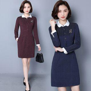 Contrast Collar Long-sleeve Sheath Dress