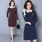 Contrast Collar Long-sleeve Sheath Dress