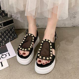 Platform Faux Pearl Mesh Panel Slingback Sandals