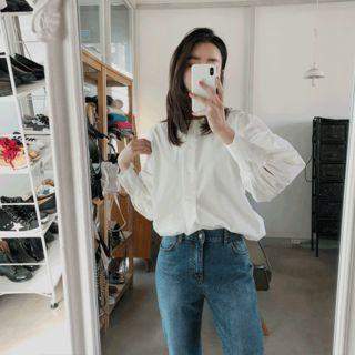 Balloon-sleeve Cotton Blouse White - One Size