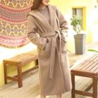 Hooded Wool Blend Long Wrap Coat With Sash