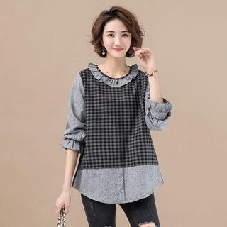 Mock Two-piece Plaid Panel Ruffle Trim Blouse