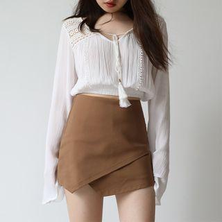Long-sleeve Crochet Panel Blouse White - One Size